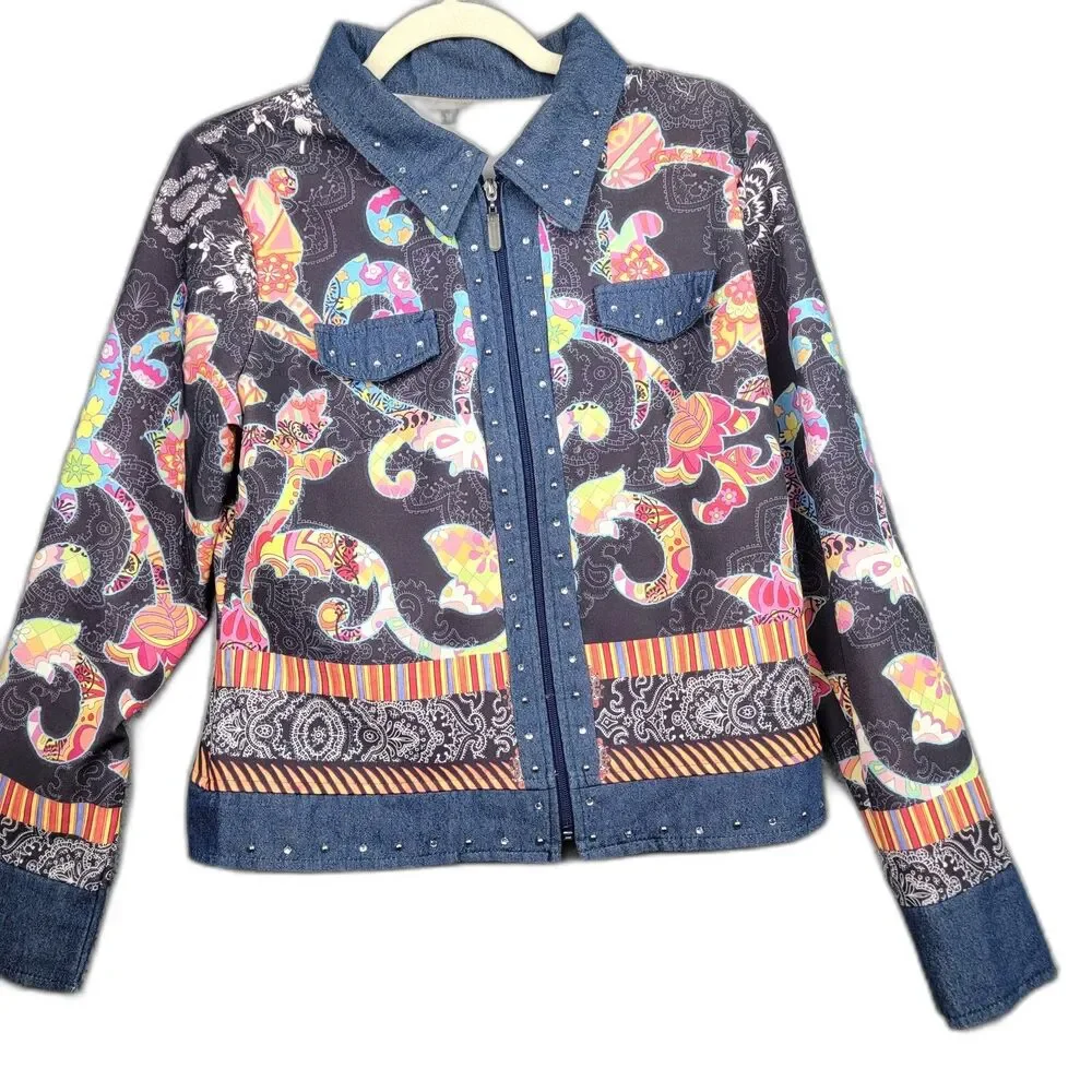 Cubism Full Zip Jacket Navy Multicolor M Rhinestone Art To Wear Vintage 90s